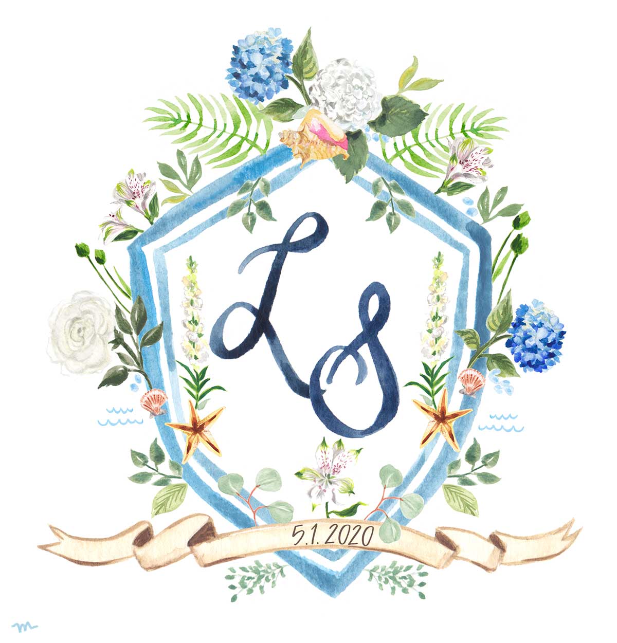 Hand-painted watercolor wedding crest for a beach wedding by artist Michelle Mospens. - Mospens Studio