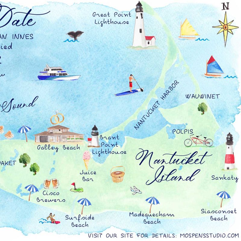 Hand-painted nantucket wedding map by artist Michelle Mospens. - Mospens Studio