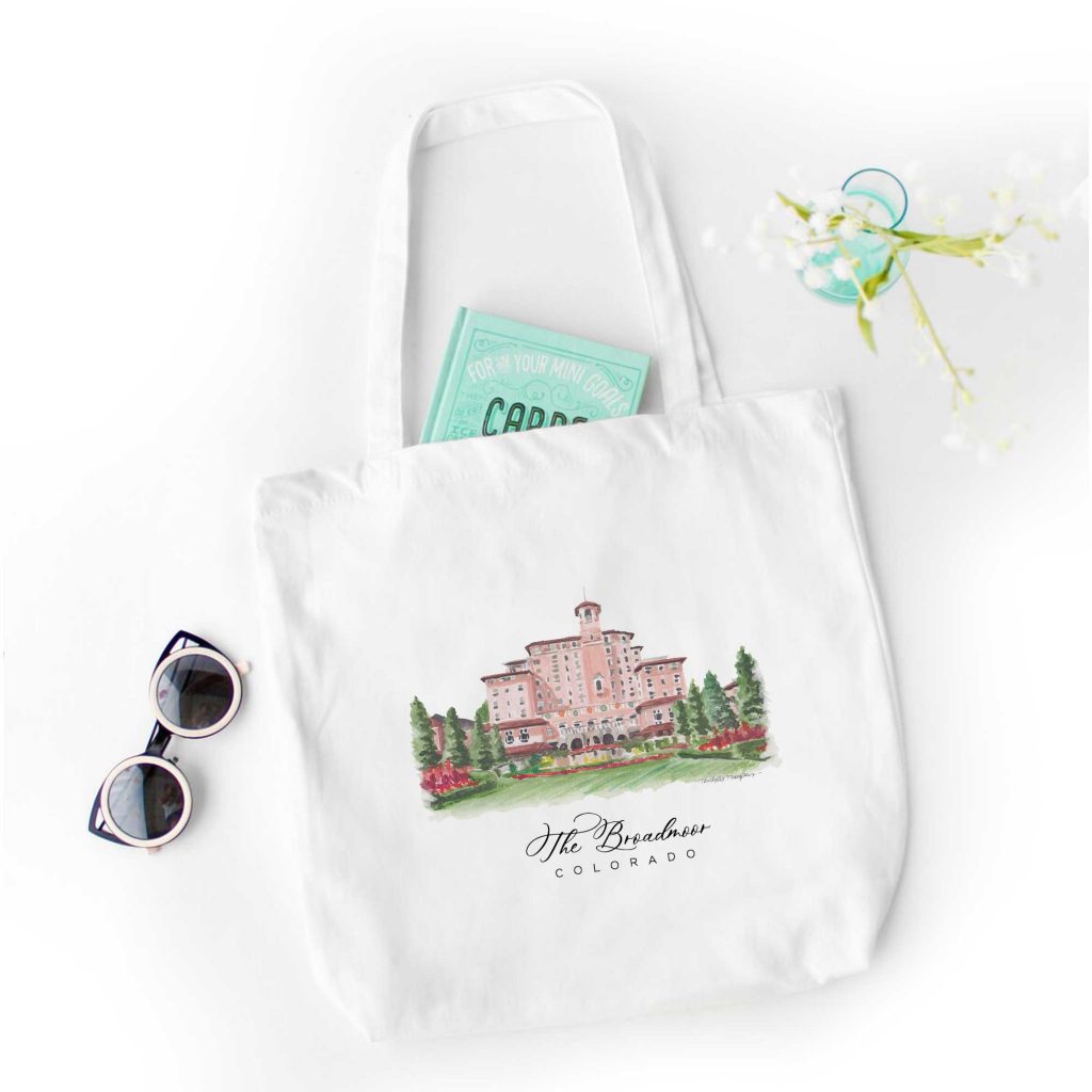 The Broadmoor Colorado wedding venue tote bags by artist Michelle Mospens. 100% hand drawn and painted watercolor art. - Mospens Studio