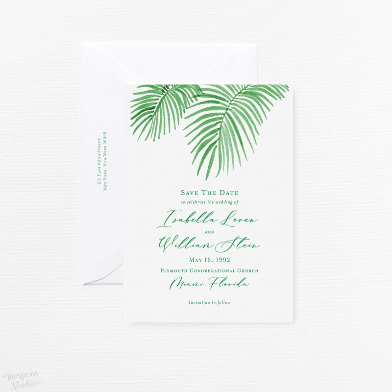 Watercolor palm frond save the date cards perfect for a beach wedding. Mospens Studio