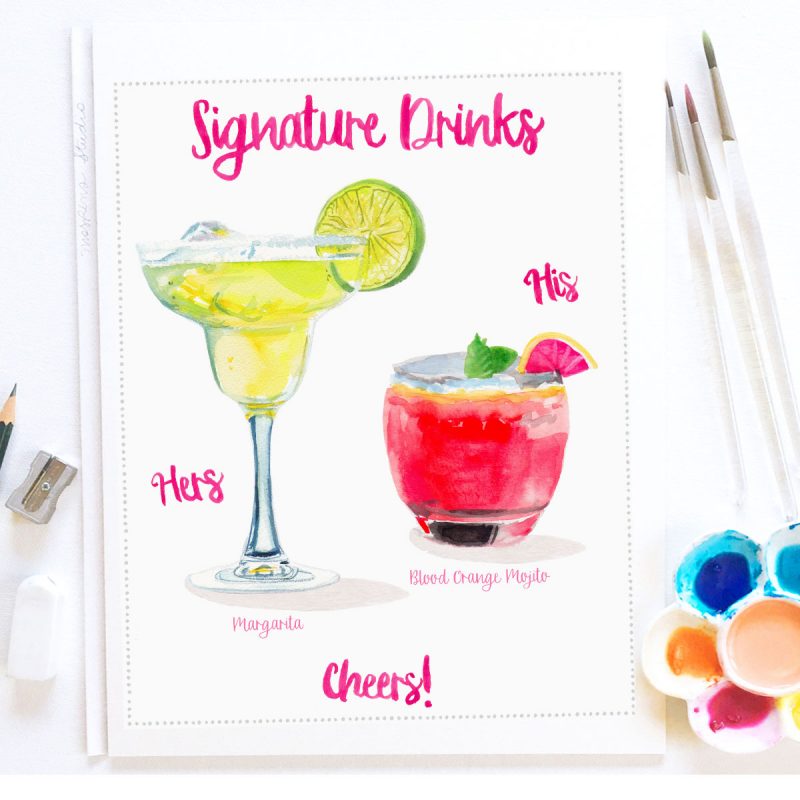 Custom watercolor illustrated signature drinks sign art. 100% original artist by Michelle Mospens. Mospens Studio