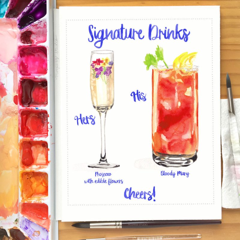 Custom illustrated signature drinks wedding sign art. 100% original artist by Michelle Mospens. Mospens Studio