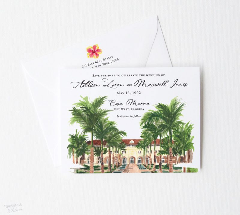Casa Marina Key West, Florida watercolor venue illustration save the date cards by artist Michelle Mospens. - Mospens Studio