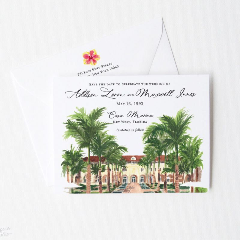Casa Marina Key West, Florida watercolor venue illustration save the date cards by artist Michelle Mospens. - Mospens Studio