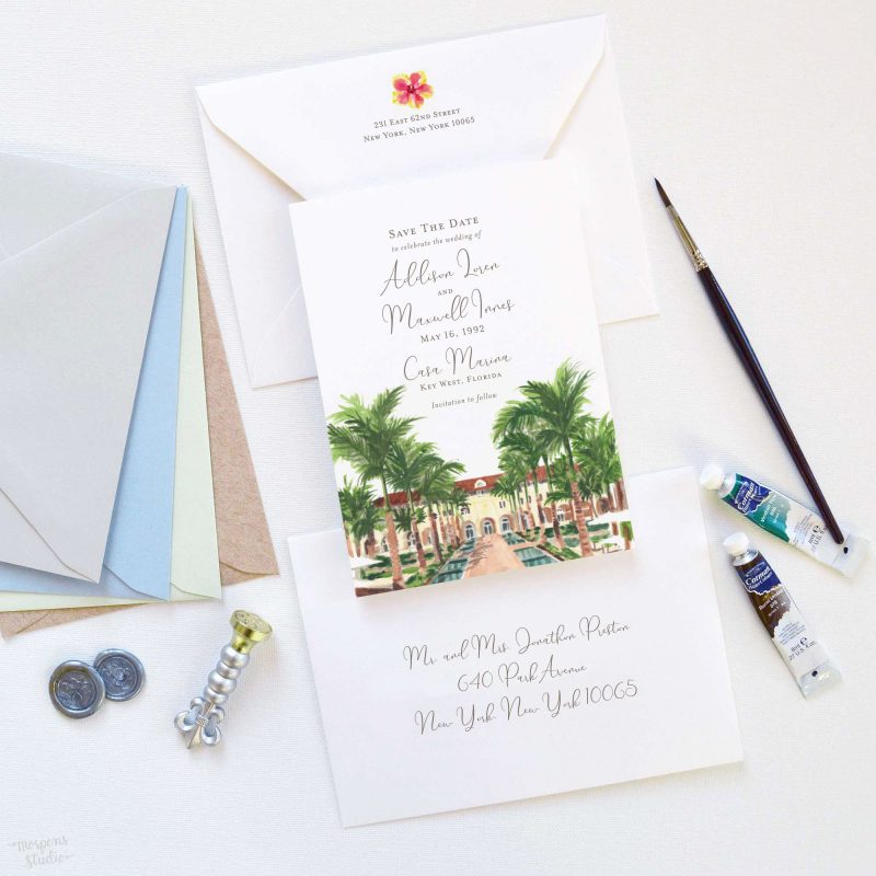 Casa Marina Key West, Florida watercolor venue illustration save the date cards by artist Michelle Mospens. - Mospens Studio