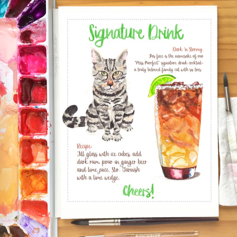 Custom Watercolor Illustrated Cat Signature Drink signs are a fun way to pour your favorite cocktails into your reception! 100% original cat, cocktail artwork and hand painted lettering by artist Michelle Mospens. #weddings #weddingideas #weddinginspiration | Mospens Studio - Hand drawn Signature Drinks Signs