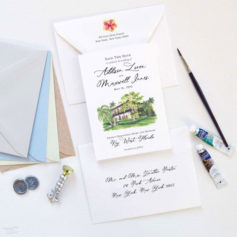 Ernest Hemingway House and Museum Key West Florida watercolor venue illustration save the date cards by artist Michelle Mospens. - Mospens Studio