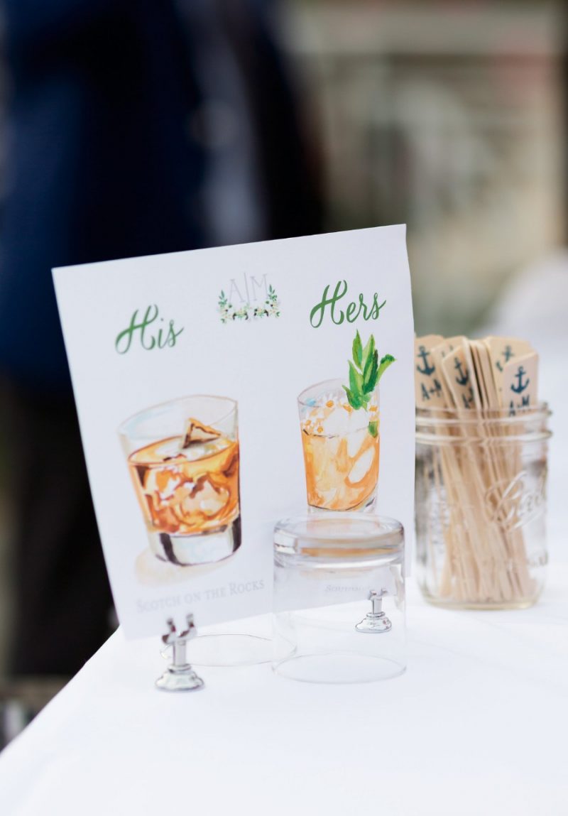 Custom illustrated signature drinks wedding sign art. 100% original artist by Michelle Mospens. Mospens Studio