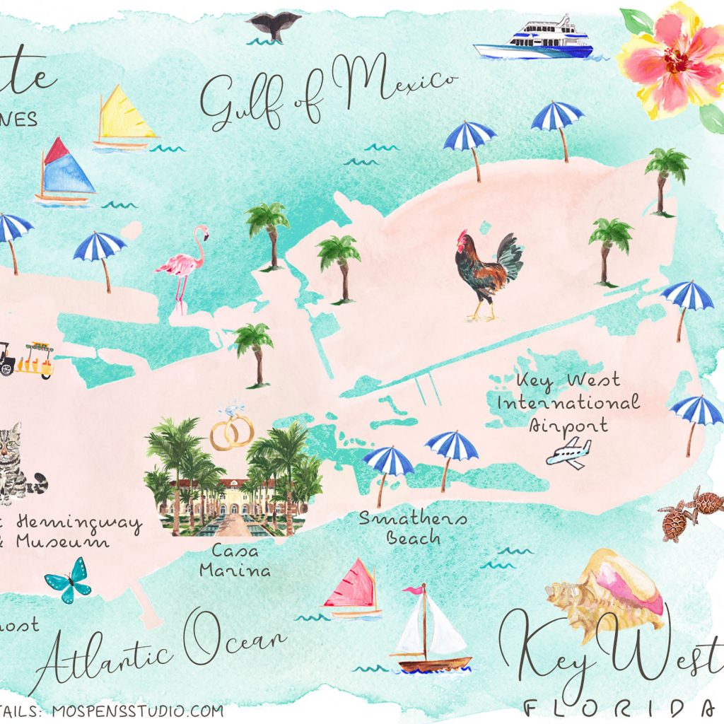 Key West Map illustrated by artist Michelle Mospens. Mospens Studio
