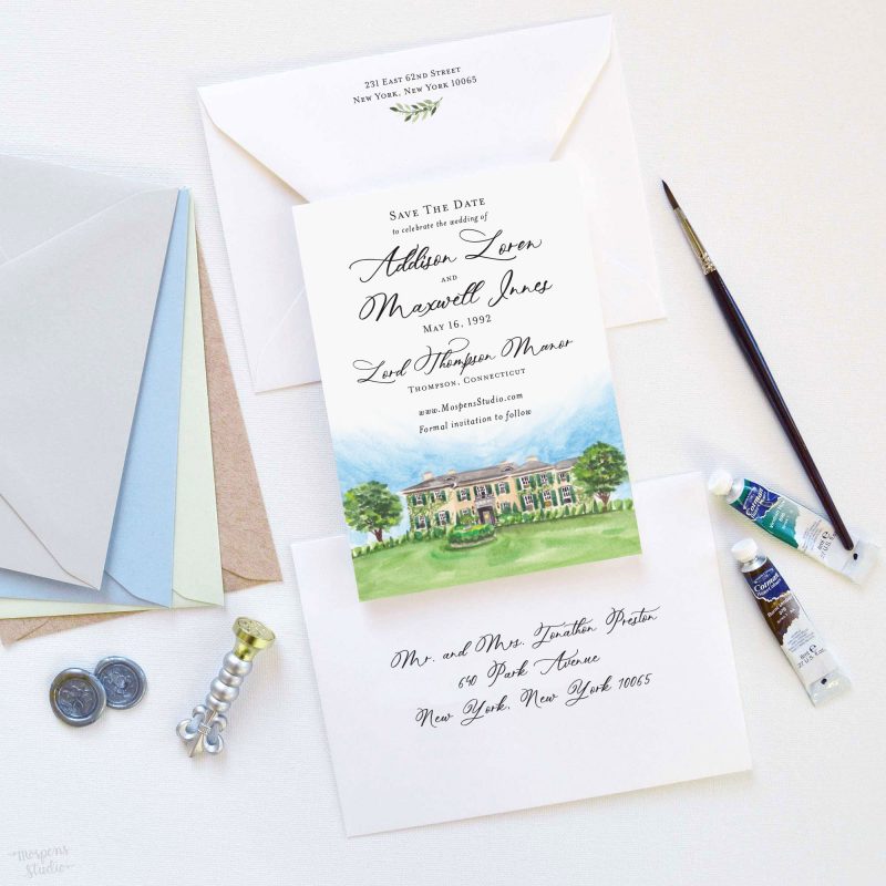Lord Thompson Manor Connecticut watercolor venue illustration save the date cards by artist Michelle Mospens. - Mospens Studio