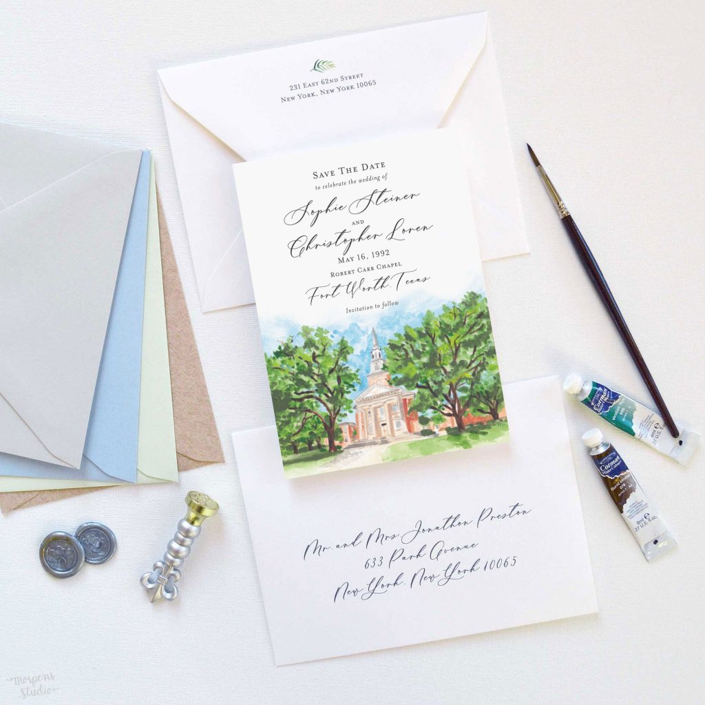 Robert Carr Chapel Fort Worth, Texas watercolor venue illustration save the date cards by artist Michelle Mospens. - Mospens Studio