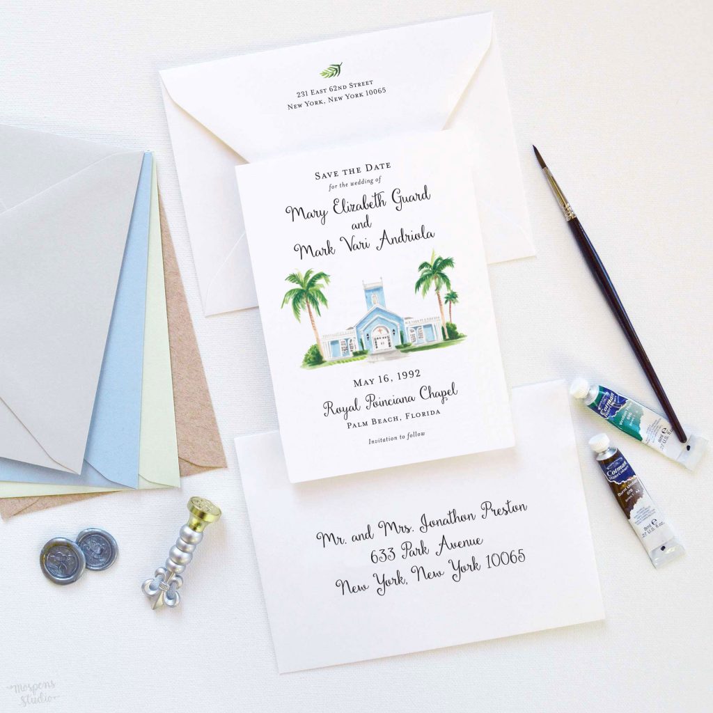 Royal Poinciana Chapel Palm Beach Florida watercolor venue illustration save the date cards by artist Michelle Mospens. - Mospens Studio