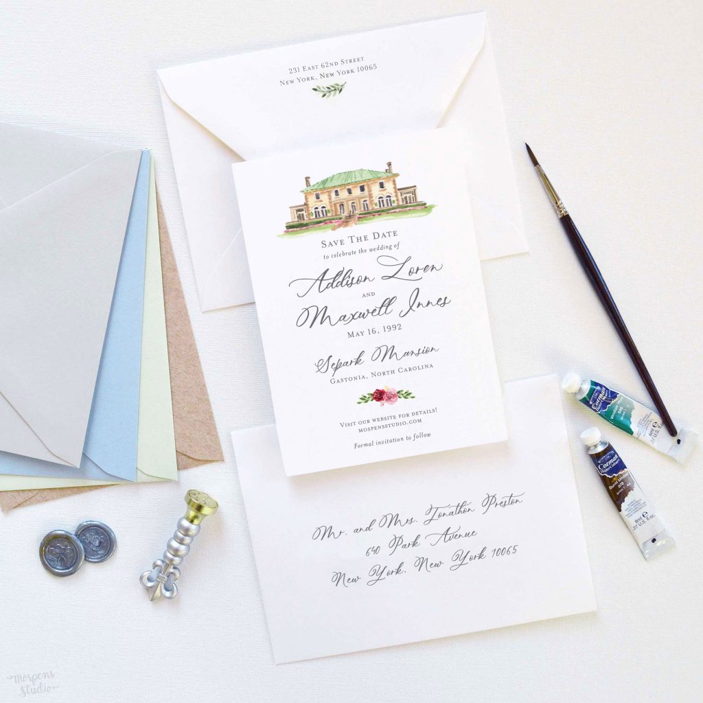 Separk Mansion North Carolina watercolor venue illustration save the date cards by artist Michelle Mospens. - Mospens Studio