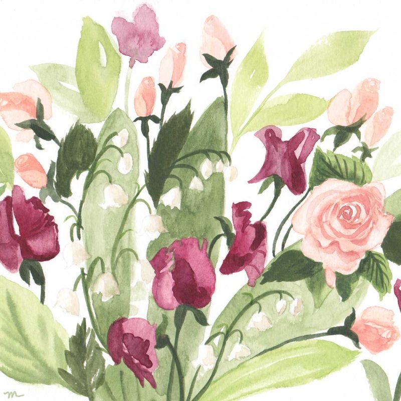 Hand-painted sweet peas, roses, and lily of the valley flowers in watercolor for a wedding. - Mospens Studio