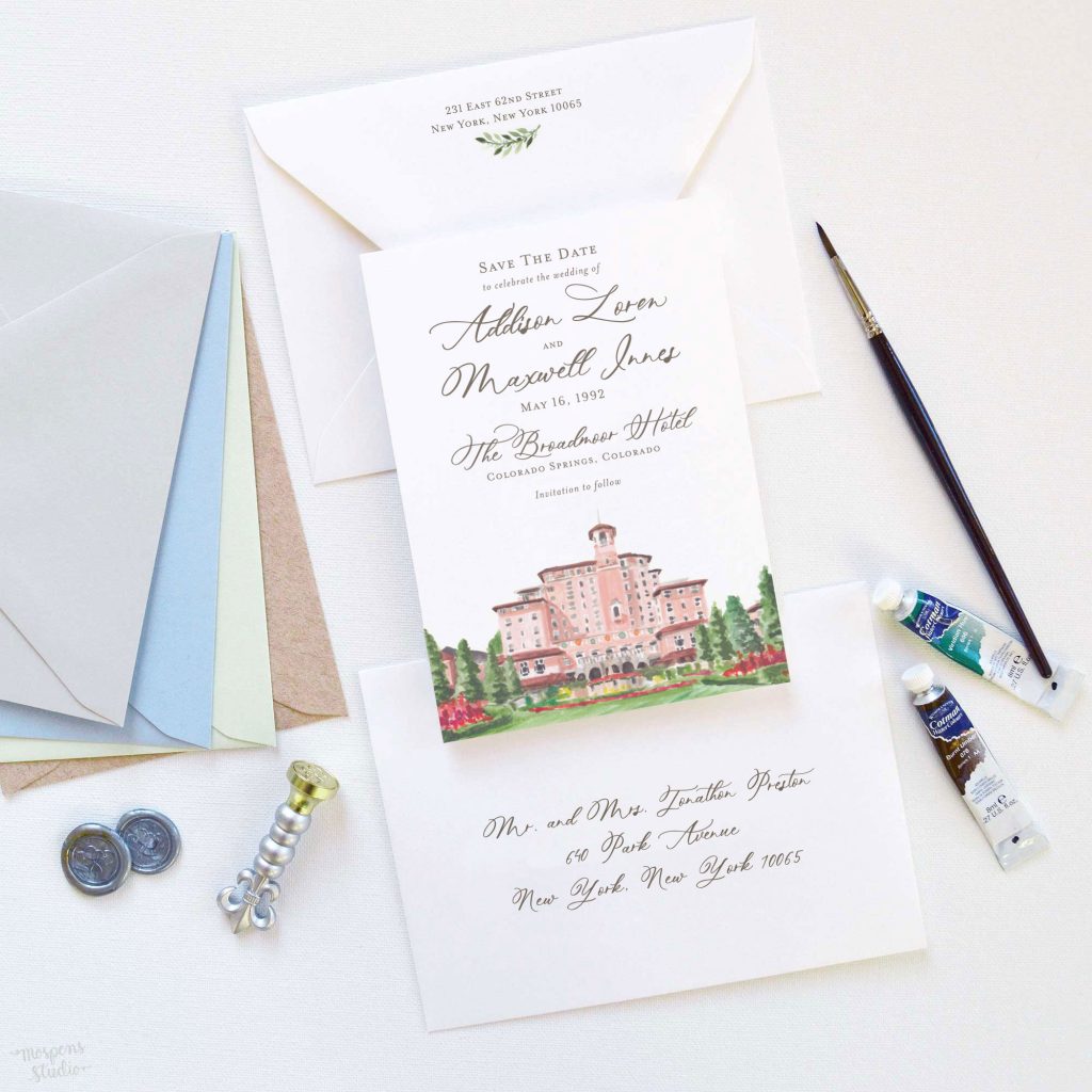 The Broadmoor Hotel Colorado watercolor venue illustration save the date cards by artist Michelle Mospens. - Mospens Studio