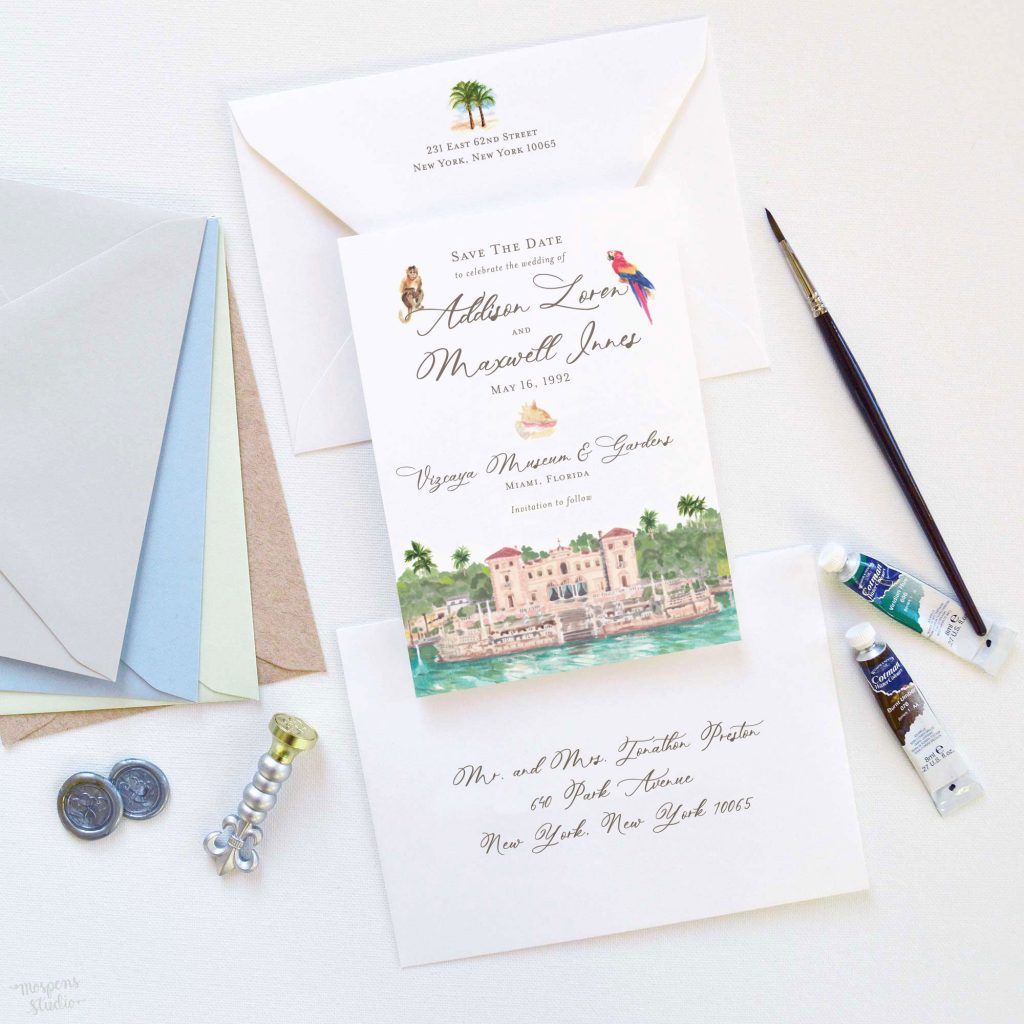 Vizcaya Museum & Gardens Miami, Florida watercolor venue illustration save the date cards by artist Michelle Mospens. - Mospens Studio