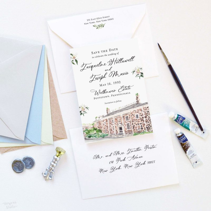 Welkinweir Estate Pennsylvania watercolor venue illustration save the date cards by artist Michelle Mospens. - Mospens Studio