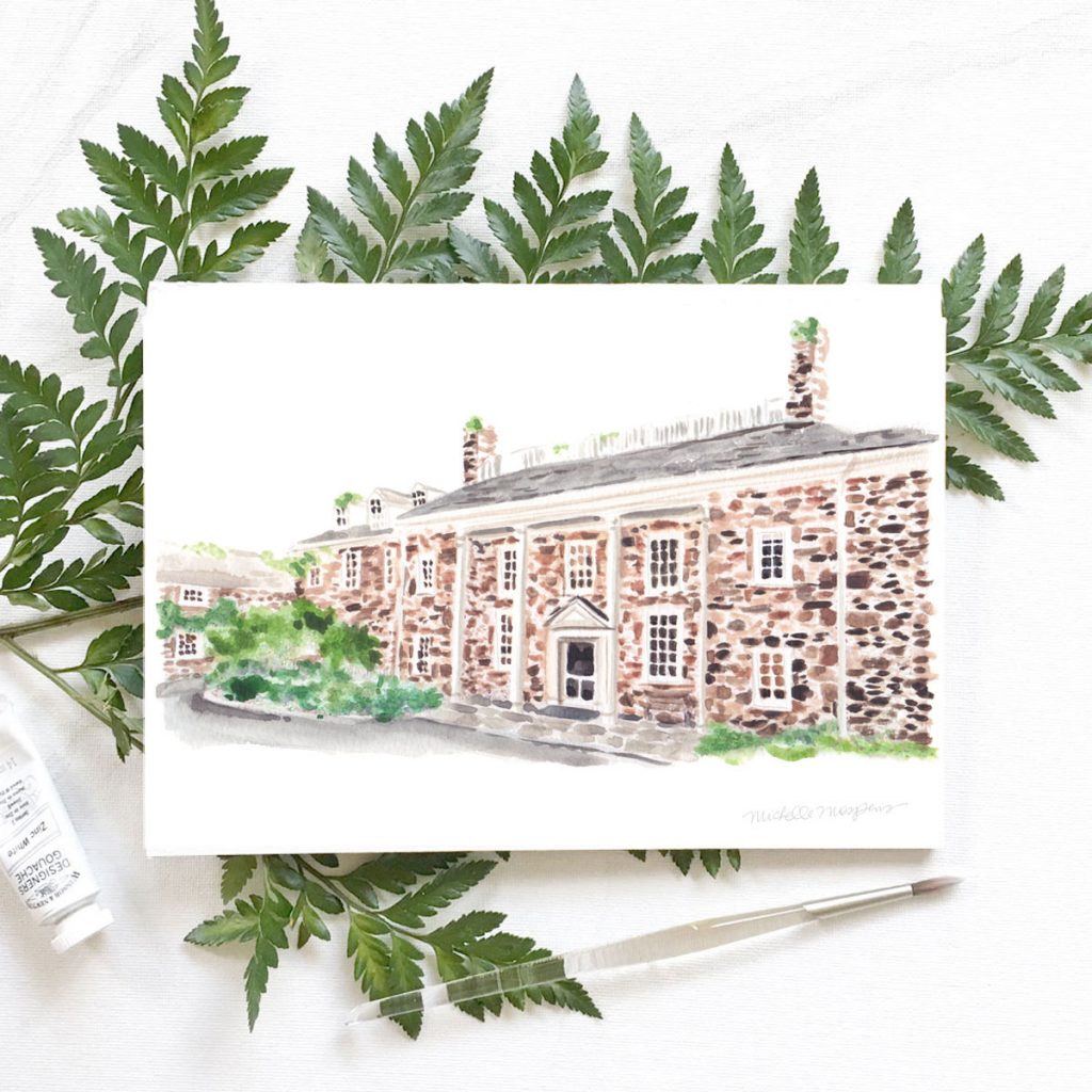 Hand-painted Welkinweir Estate Pennsylvania. Watercolor wedding venue sketch by Michelle Mospens.