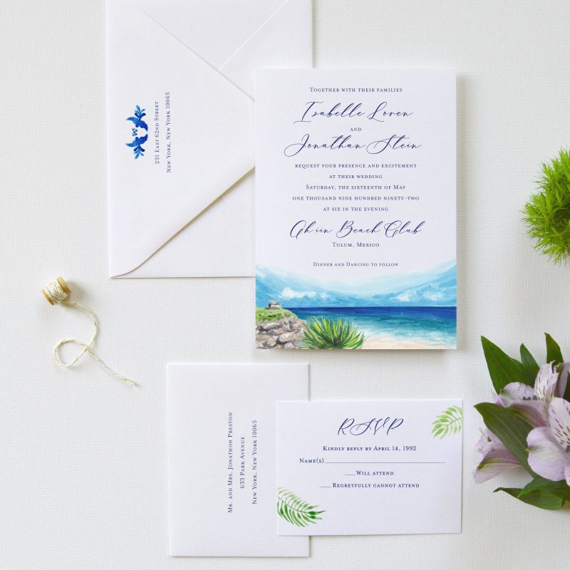 Tulum, Mexico Destination Wedding Invitations by artist Michelle Mospens. Mospens Studio