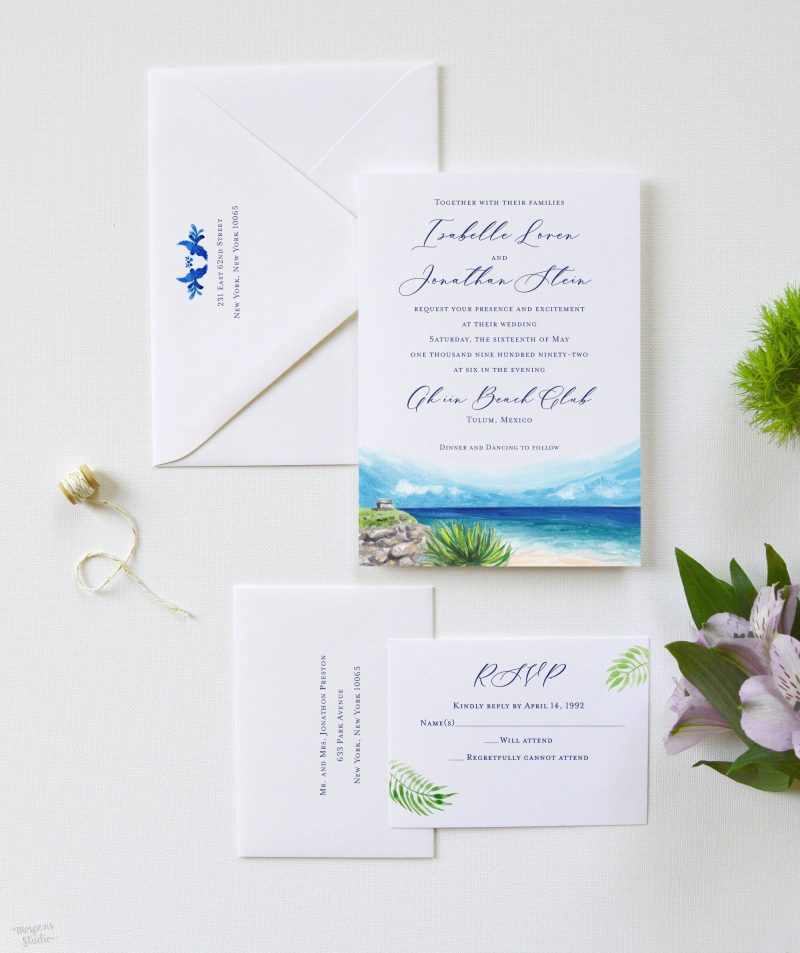 Tulum, Mexico Destination Wedding Invitations by artist Michelle Mospens. Mospens Studio