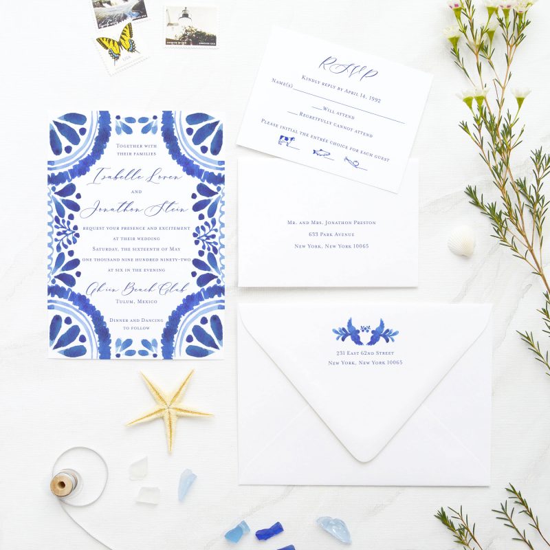 Traditional Mexican Tile wedding invitation set by artist Michelle Mospens. Mospens Studio