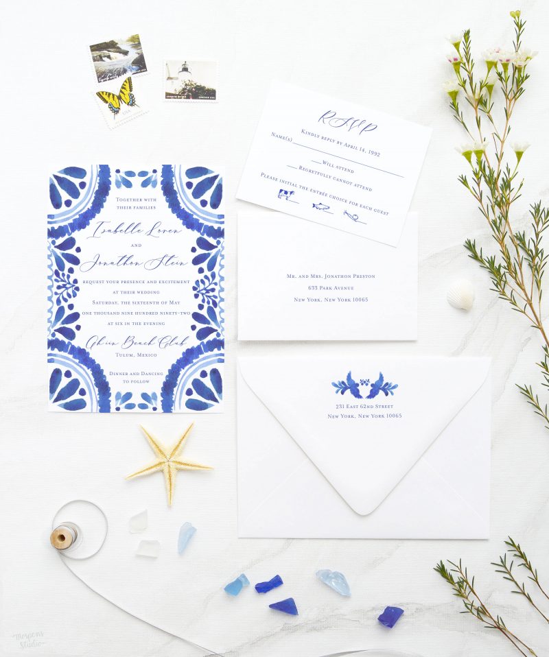 Traditional Mexican Tile wedding invitation set by artist Michelle Mospens. Mospens Studio