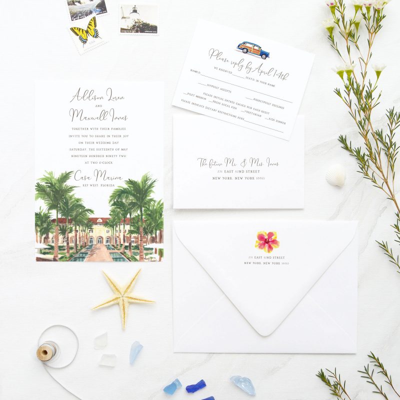 Casa Marina Key West Florida watercolor wedding invitation suite by artist Michelle Mospens. Painterly fun and beachy!