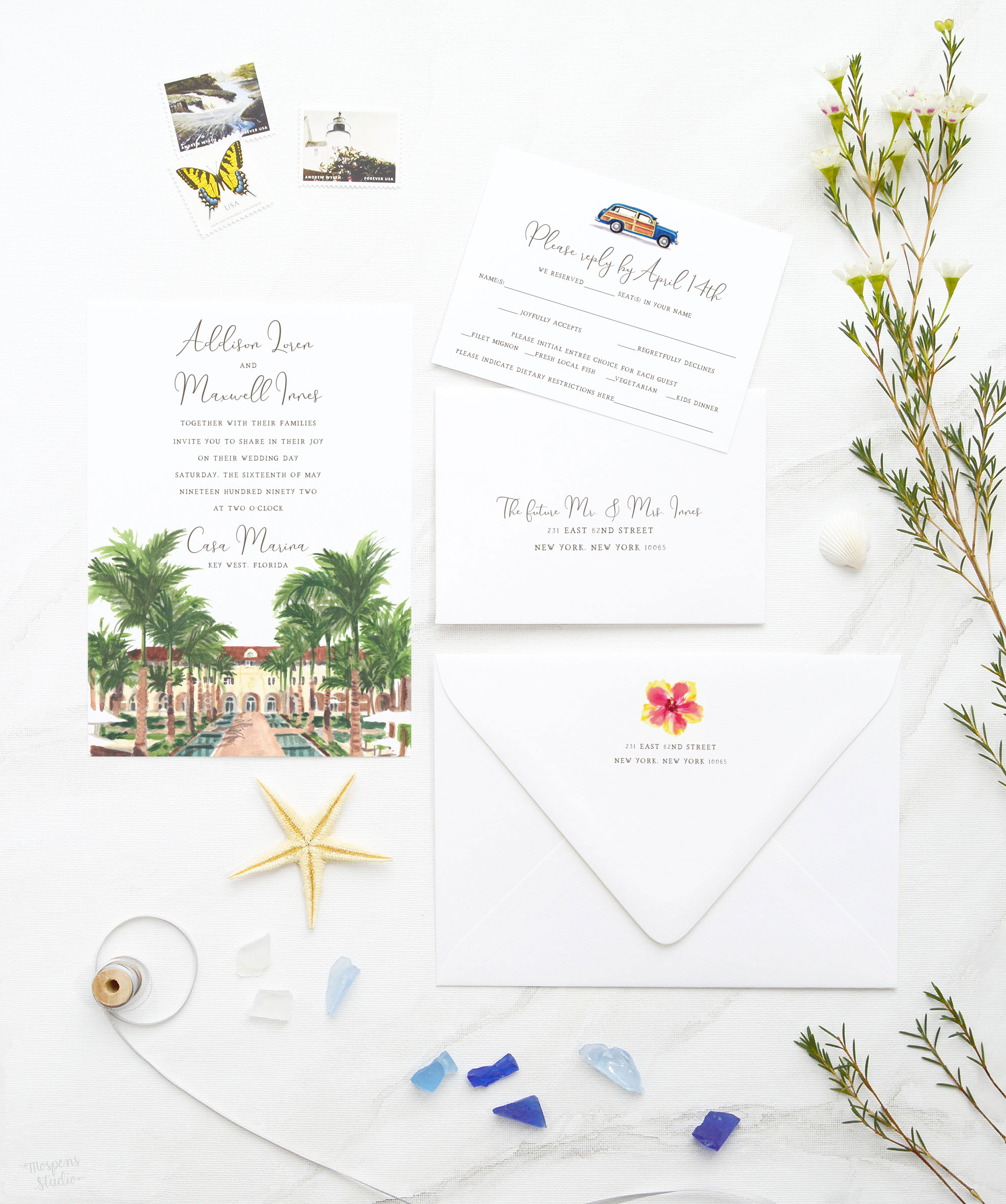 Casa Marina Key West Florida watercolor wedding invitation suite by artist Michelle Mospens. Painterly fun and beachy!
