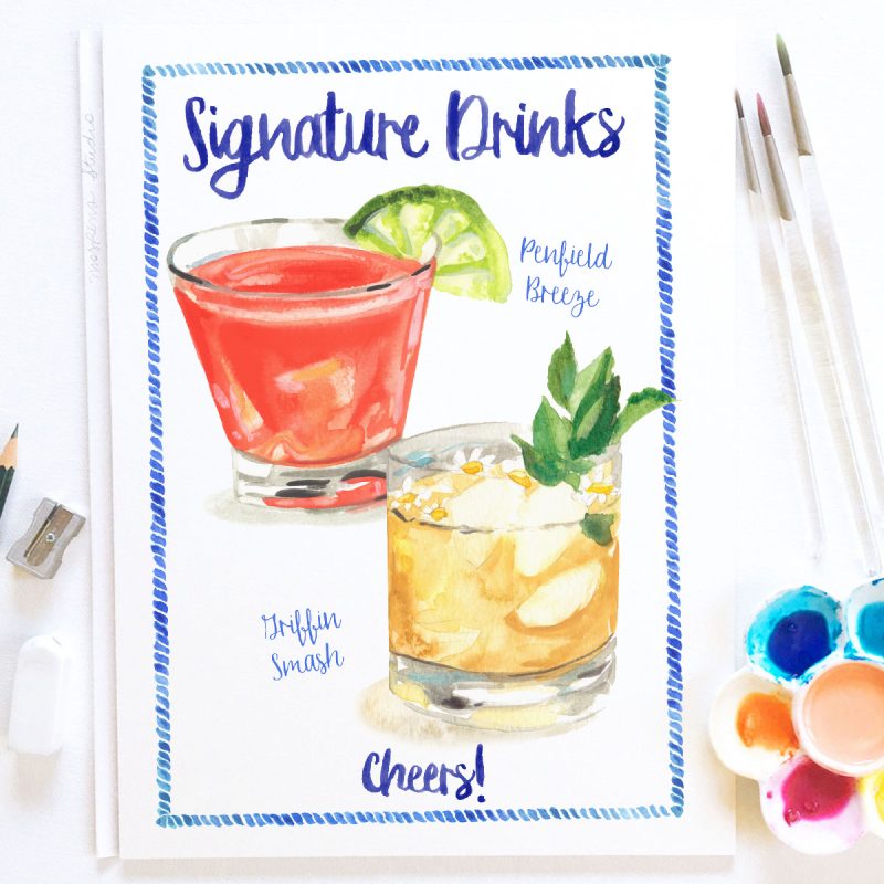 Custom watercolor illustrated signature drinks sign art. 100% original artist by Michelle Mospens. Mospens Studio