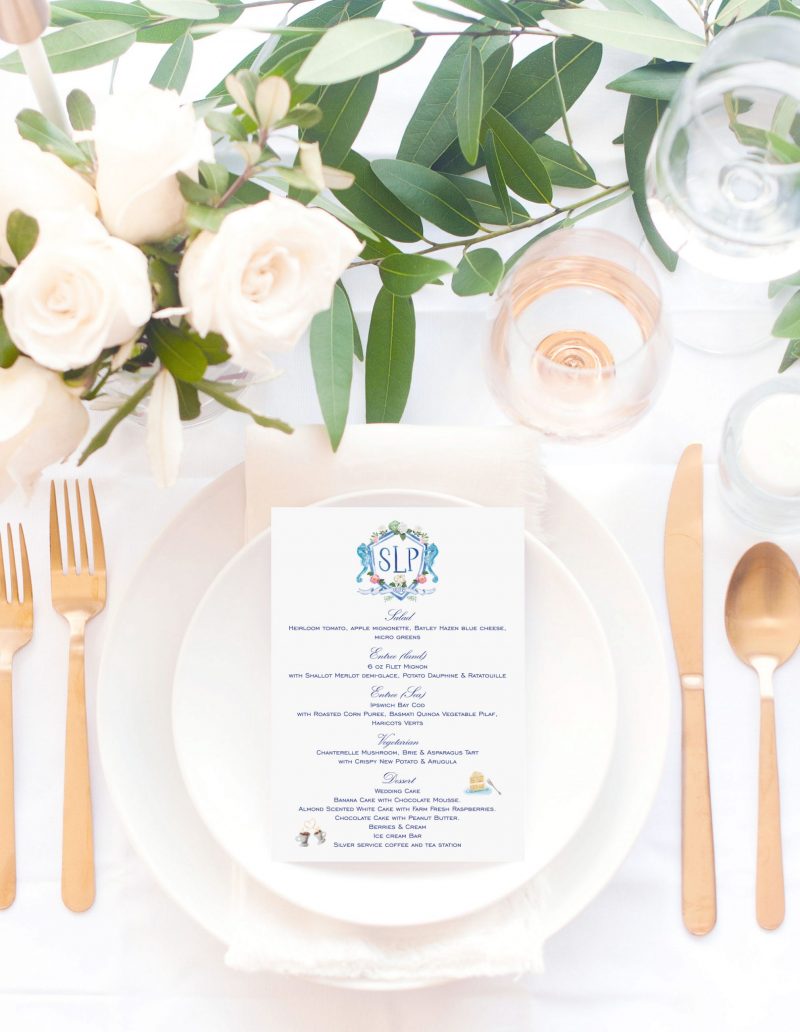 Beach Wedding Crest Menu Cards by artist Michelle Mospens. Mospens Studio