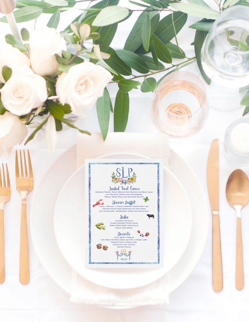 Nautical Wedding Monogram Menu Cards by artist Michelle Mospens. Mospens Studio