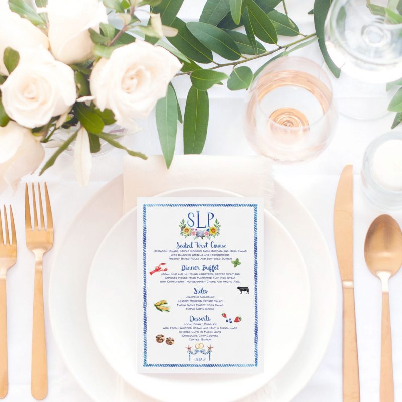 Nautical Wedding Monogram Menu Cards by artist Michelle Mospens. Mospens Studio