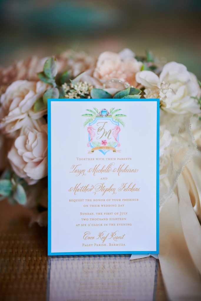 Bermuda custom wedding invitation with watercolor wedding crest. Mospens Studio