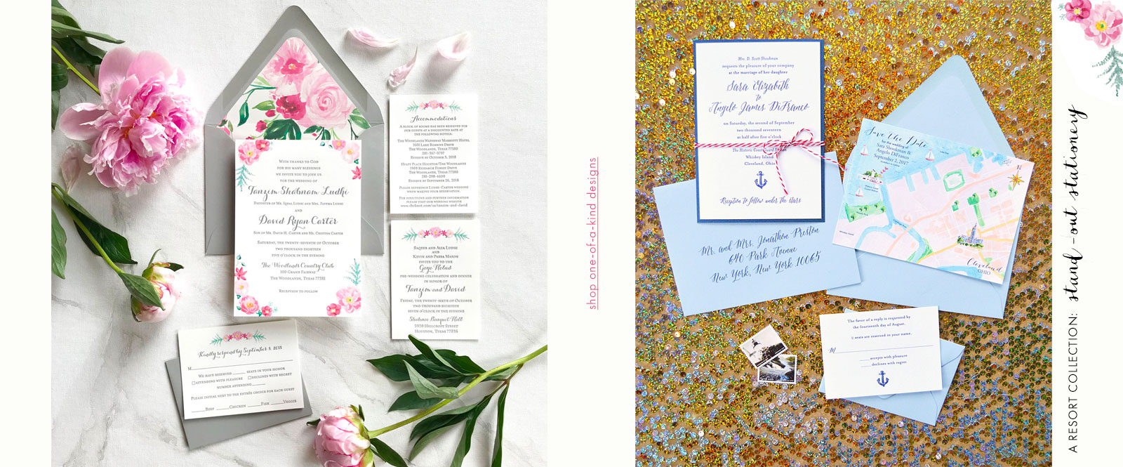 Custom wedding invitations with hand-painted watercolor designs by artist Michelle Mospens. Mospens Studio