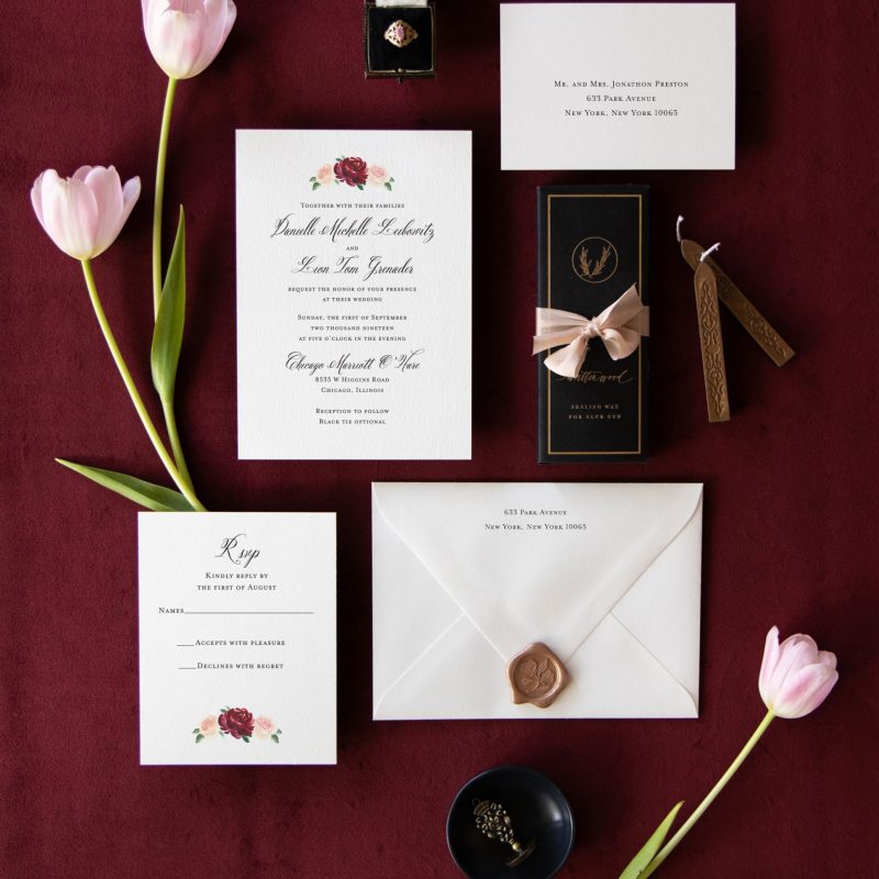 Fall custom wedding invitation with watercolor burgundy flowers by artist Michelle Mospens. Mospens Studio