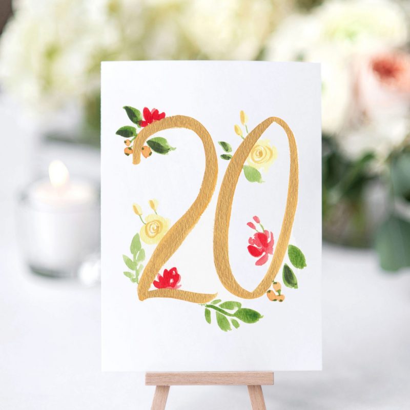 Hand-Painted Floral and Brush Lettering Table Number Cards for your wedding by artist Michelle Mospens. Mospens Studio