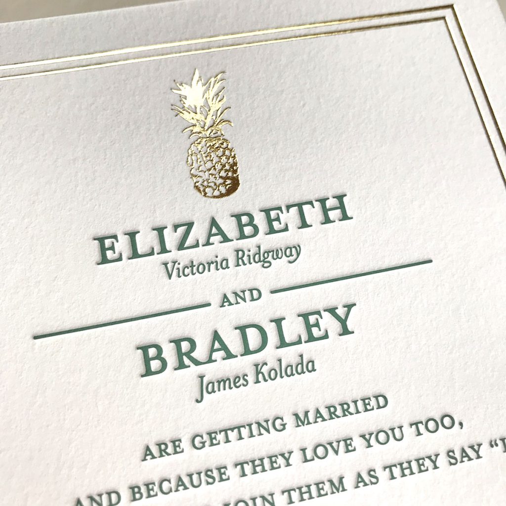 Gold foil and letterpress custom wedding invitations with pineapple. Mospens Studio