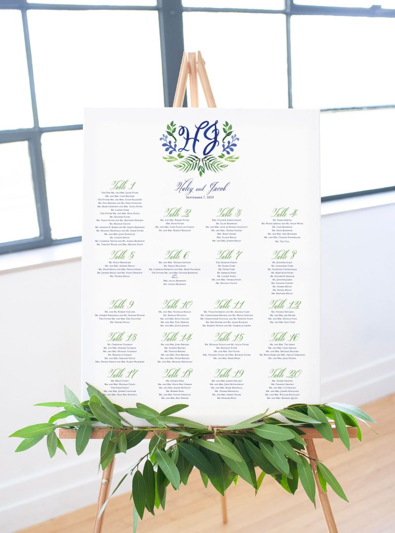Greenery monogram wedding seating placement chart board. Mospens Studio