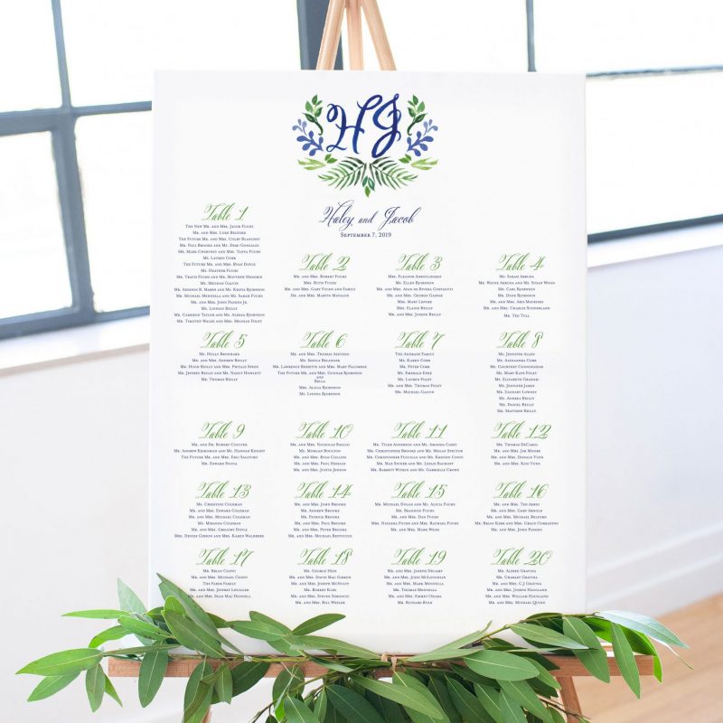 Greenery monogram wedding seating placement chart board. Mospens Studio