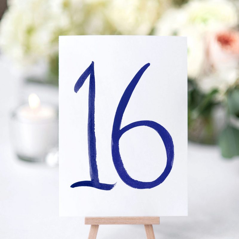 Hand-Painted Brush Lettering Table Number Cards by artist Michelle Mospens. Mospens Studio