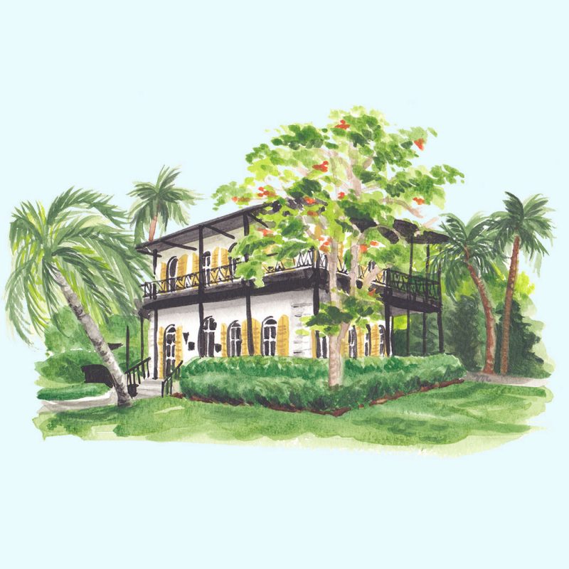 Ernest Hemingway House and Museum Key West Florida watercolor venue illustration save the date cards by artist Michelle Mospens. - Mospens Studio