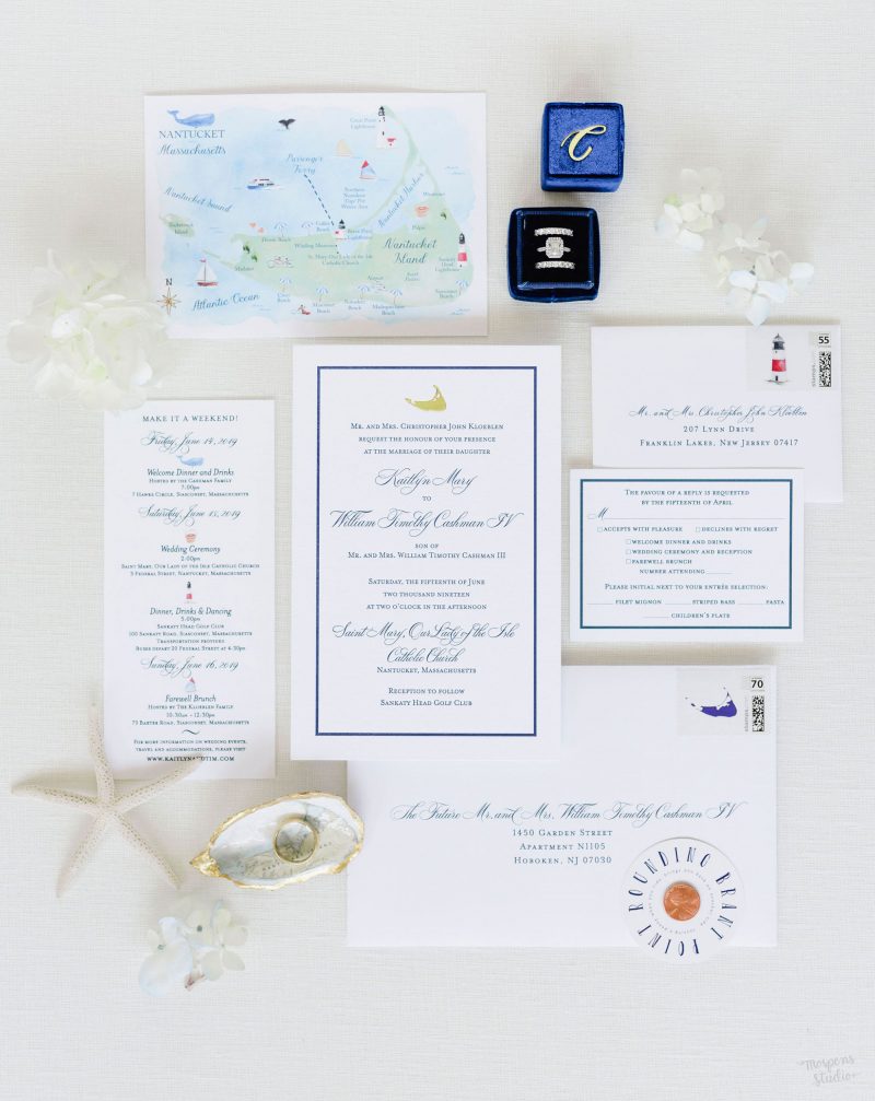 Nantucket custom wedding invitations in letterpress, gold foil and watercolor. Mospens Studio
