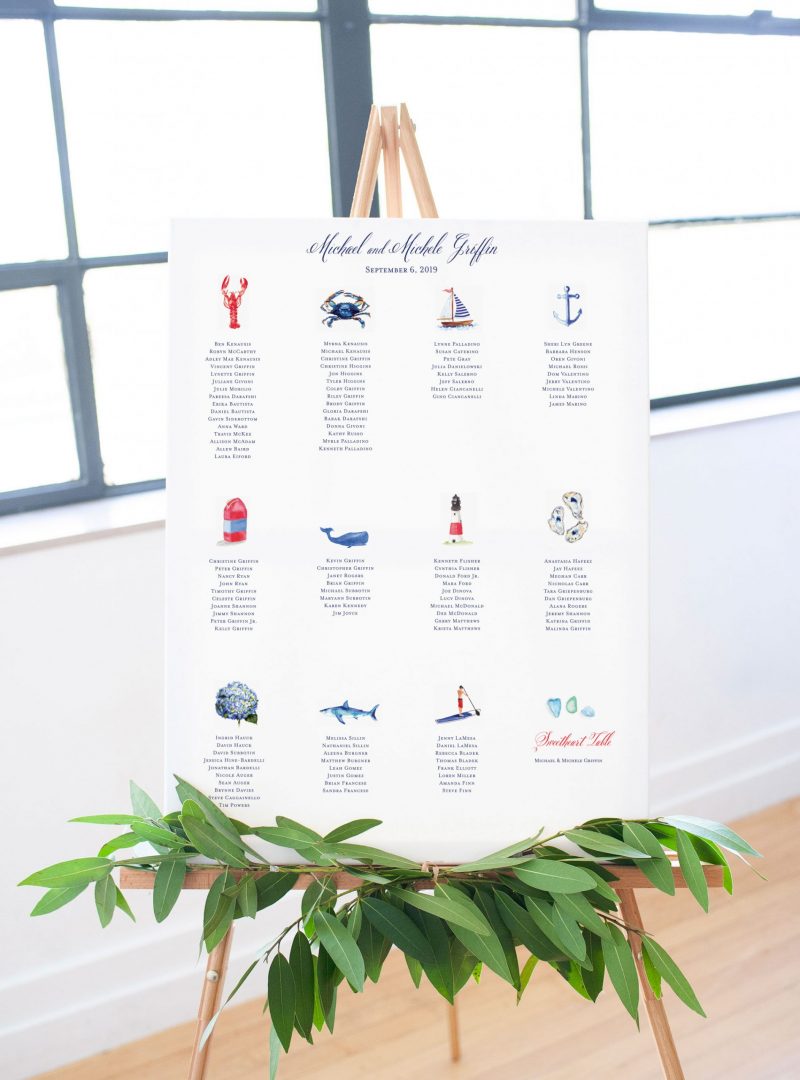 Nautical illustrated wedding seating chart poster. Mospens Studio