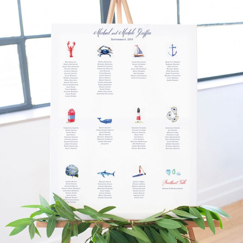 Nautical illustrated wedding seating chart poster. Mospens Studio