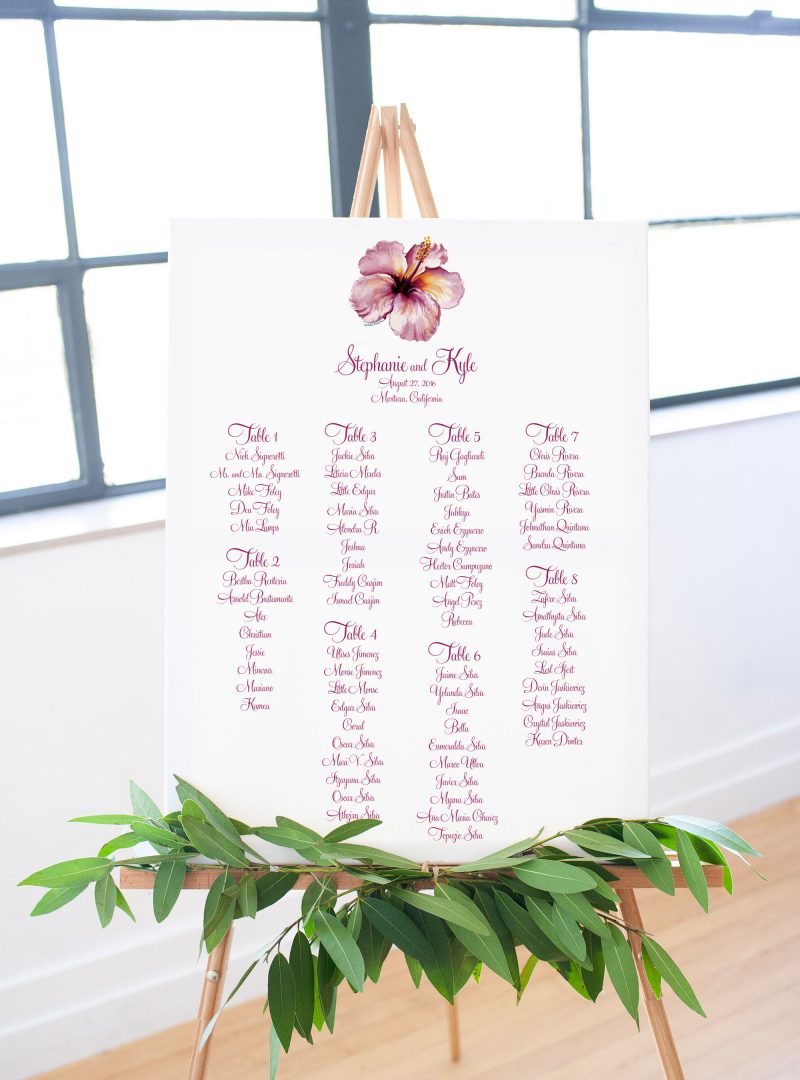 Tropical Hibiscus wedding seating chart sign. Mospens Studio