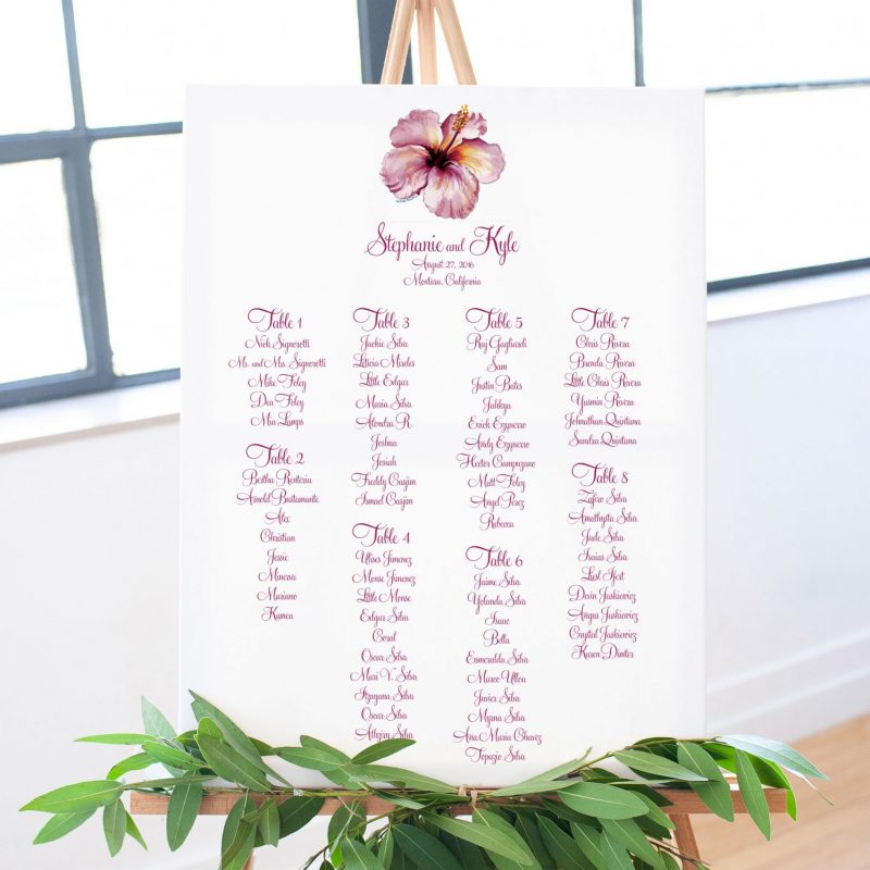 Tropical Hibiscus wedding seating chart sign. Mospens Studio