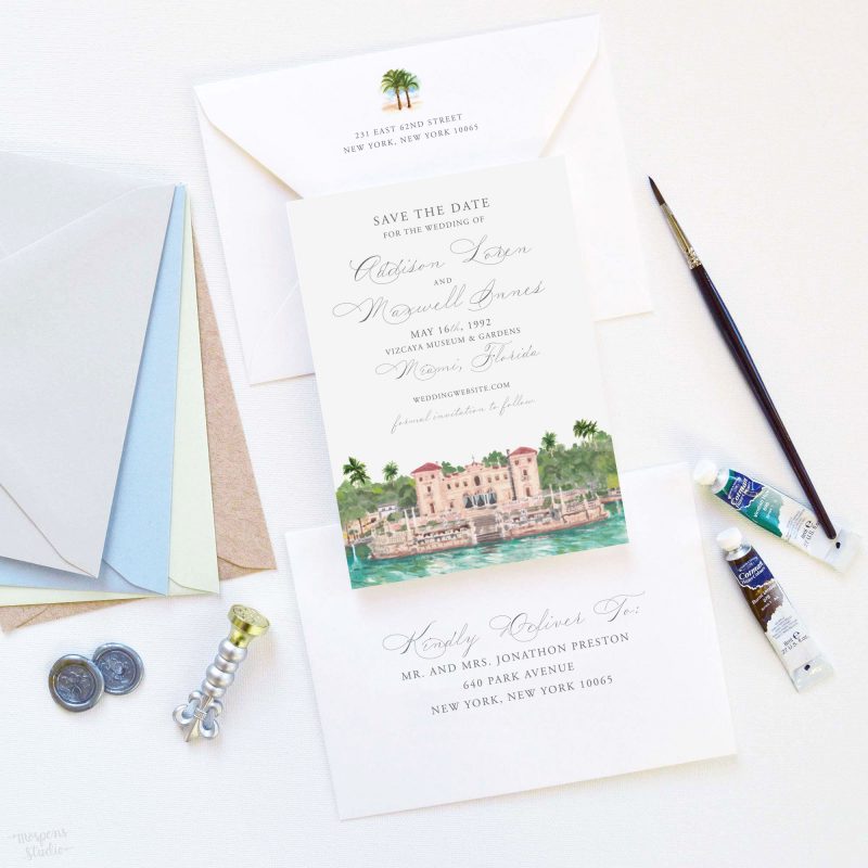 Vizcaya Museum & Gardens Miami, Florida watercolor venue illustration save the date cards by artist Michelle Mospens. - Mospens Studio