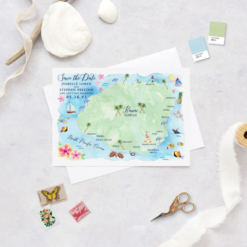 Kauai Hawaii save the date map by artist Michelle Mospens. | Mospens Studio