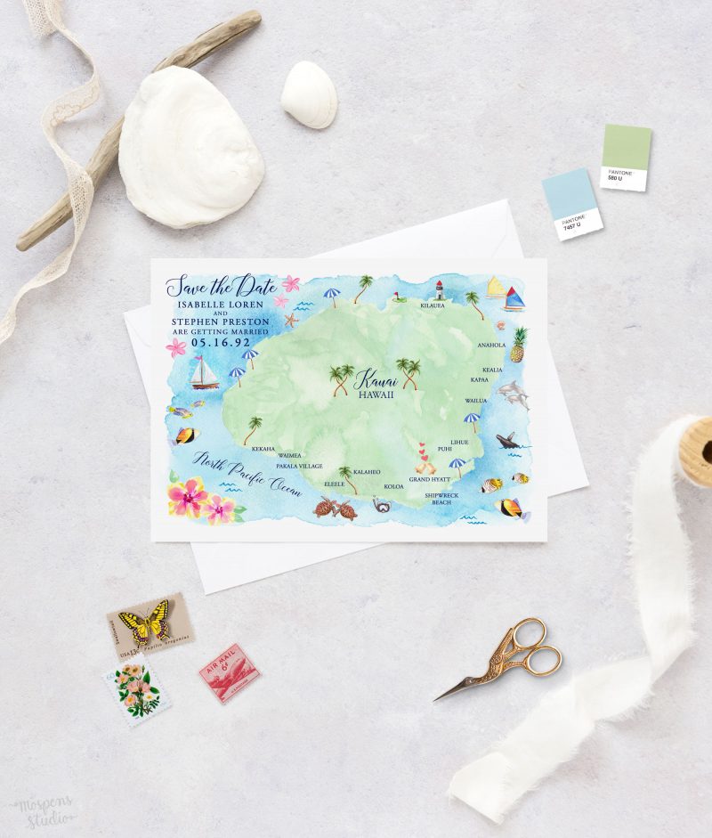 Kauai Hawaii save the date map by artist Michelle Mospens. | Mospens Studio