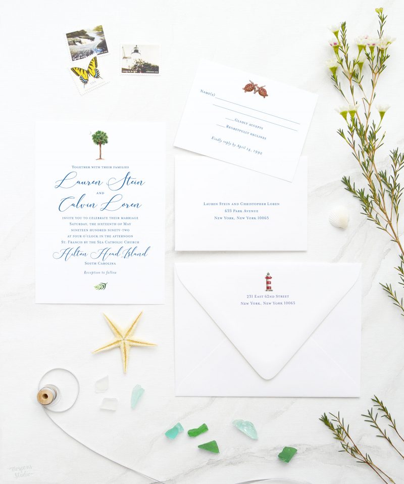 Watercolor beach wedding invitations with palmetto palm tree, and sea turtles artwork by artist Michelle Mospens. Perfect for your beach wedding. Mospens Studio